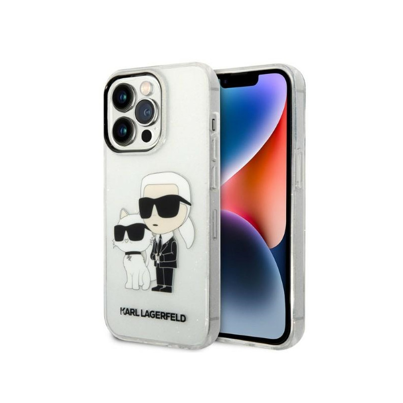 „Karl Lagerfeld“ blizgučiais puoštas „Karl&Choupette“ dėklas, skirtas „iPhone 14 Pro Max 6.7“ – permatomas