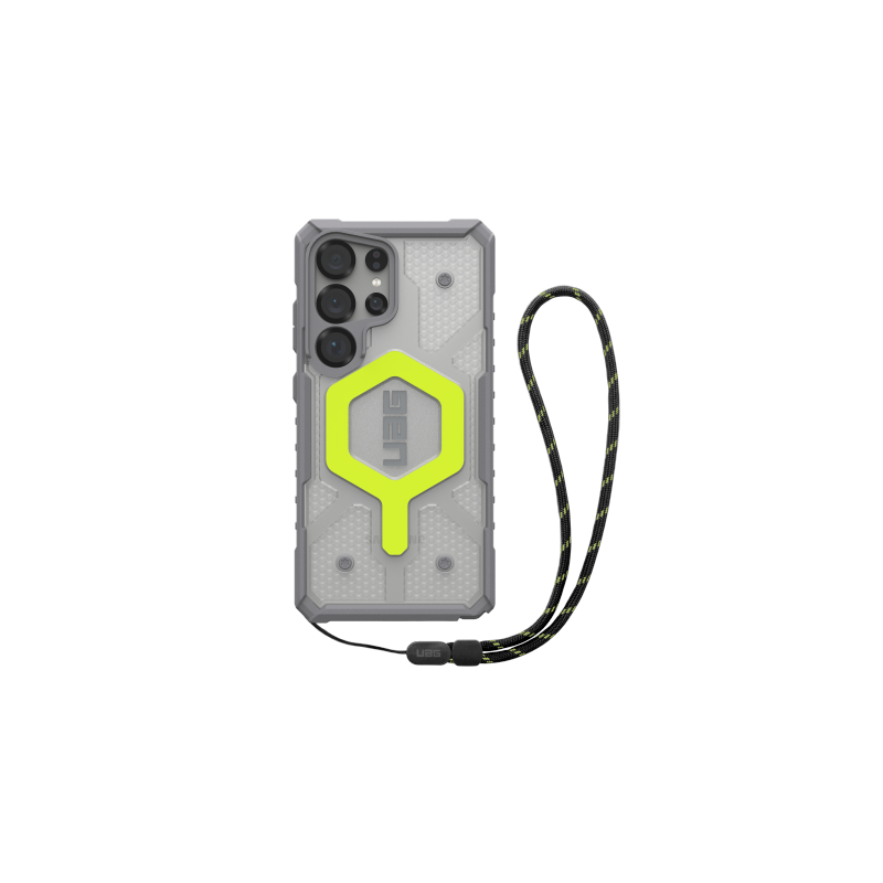 UAG Pathfinder skaidraus magneto magnetinis dėklas ir riešo dirželis, skirtas Samsung Galaxy S25 Ultra 5G – neoninės pil...