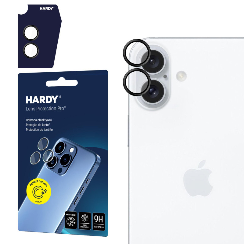 „Hardy Lens Protection Pro Black Glass“ skirtas Apple iPhone 16 / 16 Plus fotoaparato objektams – juodas