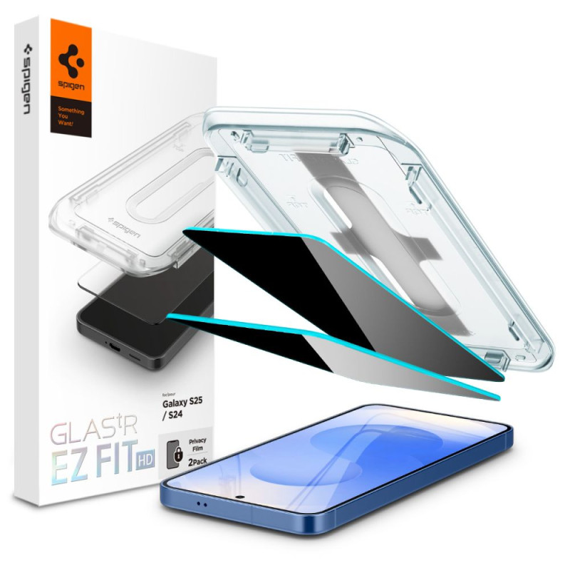 „Spigen Glas.TR Ez Fit“ Privacy HD 2 vnt. apsauginių stiklų, skirtų „Samsung Galaxy S24 / S25“, pakuotėje.