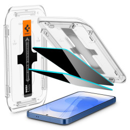 „Spigen Glas.TR Ez Fit“ Privacy HD 2 vnt. apsauginių stiklų, skirtų „Samsung Galaxy S24 / S25“, pakuotėje.