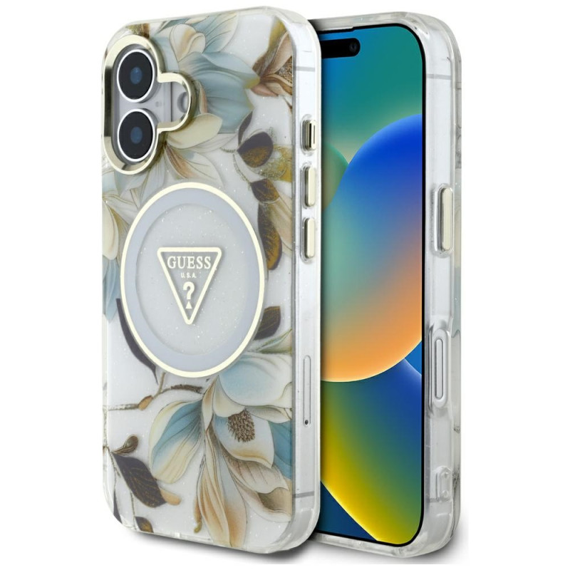 „Guess“ blizgučių ir gėlių formos trikampių sagų „MagSafe“ dėklas, skirtas „iPhone 16“, baltas