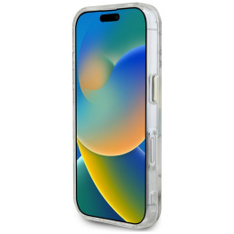„Guess“ blizgučių ir gėlių formos trikampių sagų „MagSafe“ dėklas, skirtas „iPhone 16“, baltas