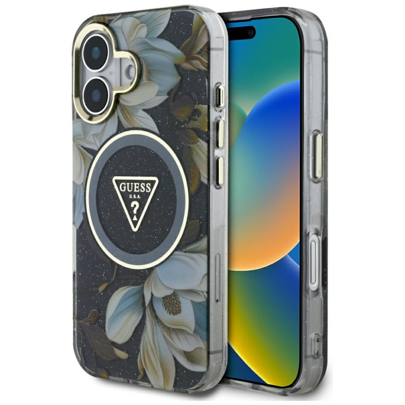 „Guess“ blizgučių ir gėlių formos trikampių sagų „MagSafe“ dėklas, skirtas „iPhone 16“, juodas