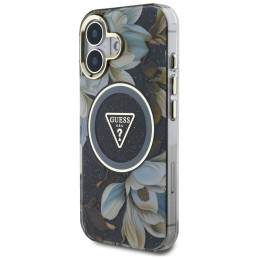 „Guess“ blizgučių ir gėlių formos trikampių sagų „MagSafe“ dėklas, skirtas „iPhone 16“, juodas