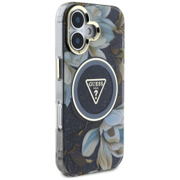 „Guess“ blizgučių ir gėlių formos trikampių sagų „MagSafe“ dėklas, skirtas „iPhone 16“, juodas