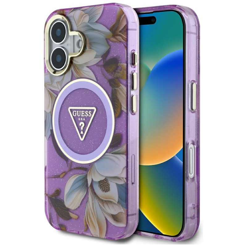 „Guess“ blizgučių ir gėlių formos trikampių sagų „MagSafe“ dėklas, skirtas „iPhone 16“ violetiniu tonu.