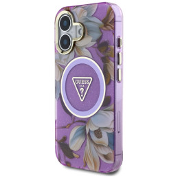 „Guess“ blizgučių ir gėlių formos trikampių sagų „MagSafe“ dėklas, skirtas „iPhone 16“ violetiniu tonu.