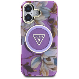 „Guess“ blizgučių ir gėlių formos trikampių sagų „MagSafe“ dėklas, skirtas „iPhone 16“ violetiniu tonu.