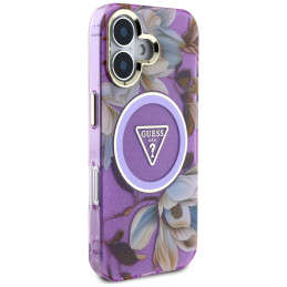 „Guess“ blizgučių ir gėlių formos trikampių sagų „MagSafe“ dėklas, skirtas „iPhone 16“ violetiniu tonu.