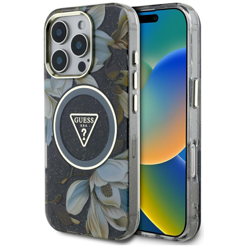 „Guess“ blizgučių ir gėlių formos trikampių mygtukų formos „MagSafe“ dėklas, skirtas „iPhone 16 Pro“, juodas