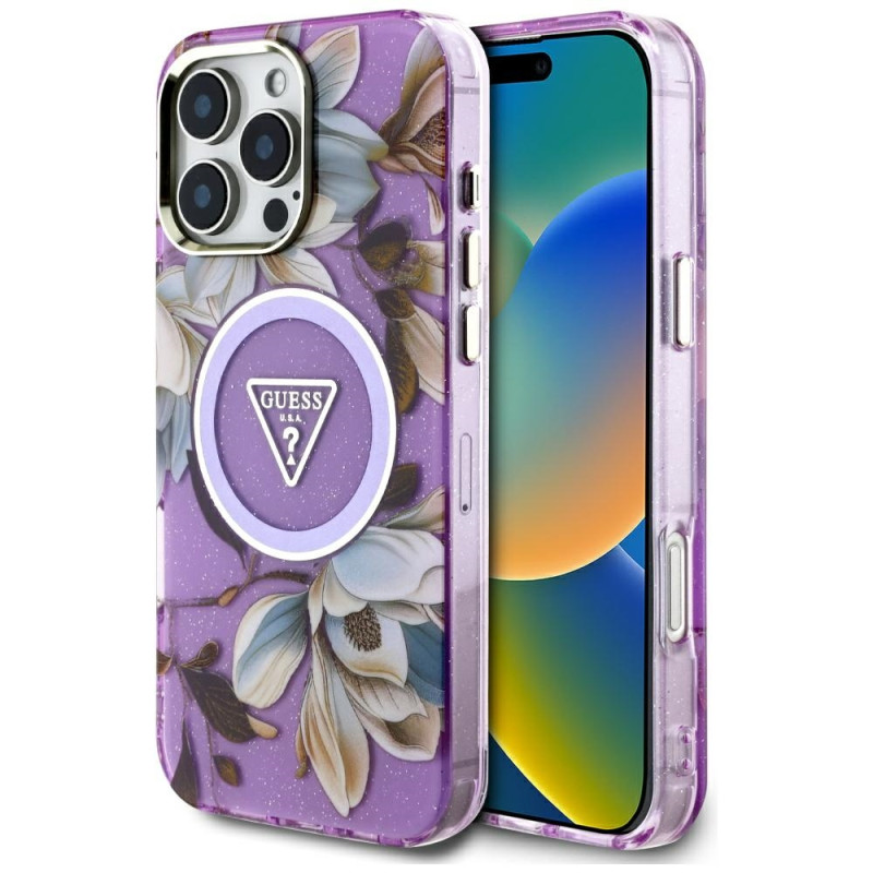 „Guess“ blizgučių ir gėlių formos trikampių mygtukų formos „MagSafe“ dėklas, skirtas „iPhone 16 Pro“, violetinis
