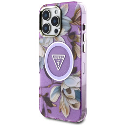 „Guess“ blizgučių ir gėlių formos trikampių mygtukų formos „MagSafe“ dėklas, skirtas „iPhone 16 Pro“, violetinis