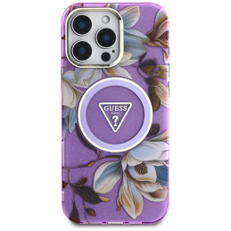 „Guess“ blizgučių ir gėlių formos trikampių mygtukų formos „MagSafe“ dėklas, skirtas „iPhone 16 Pro“, violetinis