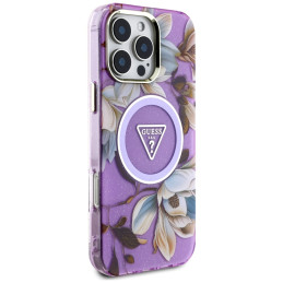 „Guess“ blizgučių ir gėlių formos trikampių mygtukų formos „MagSafe“ dėklas, skirtas „iPhone 16 Pro“, violetinis