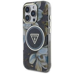 „Guess“ blizgučių ir gėlių formos trikampių mygtukų „MagSafe“ dėklas, skirtas „iPhone 16 Pro Max“, juodas