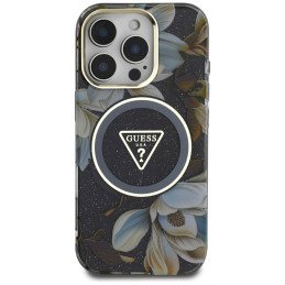 „Guess“ blizgučių ir gėlių formos trikampių mygtukų „MagSafe“ dėklas, skirtas „iPhone 16 Pro Max“, juodas
