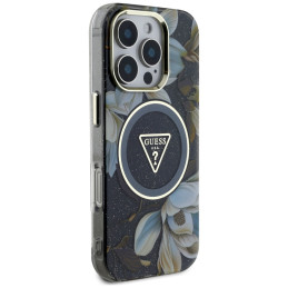 „Guess“ blizgučių ir gėlių formos trikampių mygtukų „MagSafe“ dėklas, skirtas „iPhone 16 Pro Max“, juodas