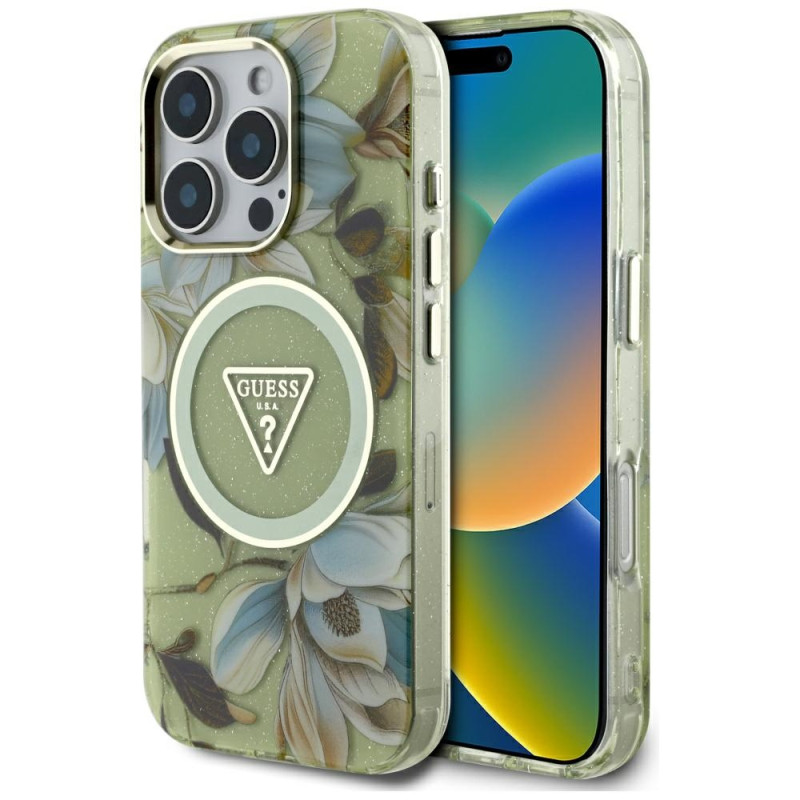 „Guess“ blizgučių ir gėlių formos trikampių sagų „MagSafe“ dėklas, skirtas „iPhone 16 Pro Max“, žalias