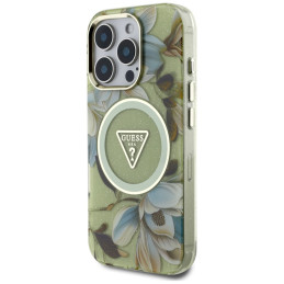 „Guess“ blizgučių ir gėlių formos trikampių mygtukų formos „MagSafe“ dėklas, skirtas „iPhone 16 Pro“, žalias