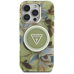 „Guess“ blizgučių ir gėlių formos trikampių mygtukų formos „MagSafe“ dėklas, skirtas „iPhone 16 Pro“, žalias