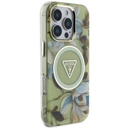 „Guess“ blizgučių ir gėlių formos trikampių mygtukų formos „MagSafe“ dėklas, skirtas „iPhone 16 Pro“, žalias