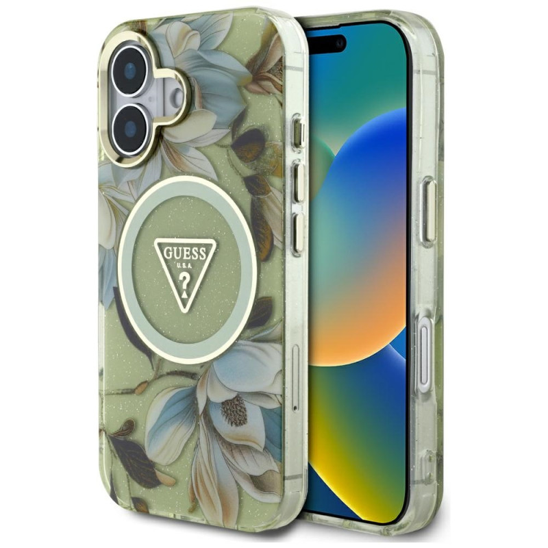 „Guess“ blizgučių ir trikampių sagų formos „MagSafe“ dėklas, skirtas „iPhone 16“, žalias