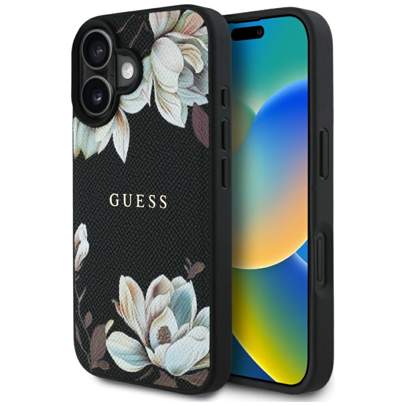 „Guess“ grūdėto rašto gėlių rašto „MagSafe“ dėklas, skirtas „iPhone 16“, juodas
