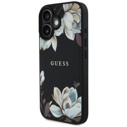„Guess“ grūdėto rašto gėlių rašto „MagSafe“ dėklas, skirtas „iPhone 16“, juodas