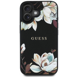 „Guess“ grūdėto rašto gėlių rašto „MagSafe“ dėklas, skirtas „iPhone 16“, juodas