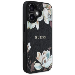 „Guess“ grūdėto rašto gėlių rašto „MagSafe“ dėklas, skirtas „iPhone 16“, juodas