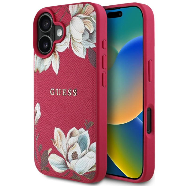 „Guess“ grūdėtu raštu spausdintas gėlių rašto „MagSafe“ dėklas, skirtas „iPhone 16“, fuksijos spalvos