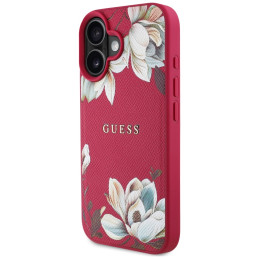 „Guess“ grūdėtu raštu spausdintas gėlių rašto „MagSafe“ dėklas, skirtas „iPhone 16“, fuksijos spalvos