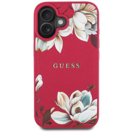 „Guess“ grūdėtu raštu spausdintas gėlių rašto „MagSafe“ dėklas, skirtas „iPhone 16“, fuksijos spalvos