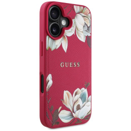 „Guess“ grūdėtu raštu spausdintas gėlių rašto „MagSafe“ dėklas, skirtas „iPhone 16“, fuksijos spalvos