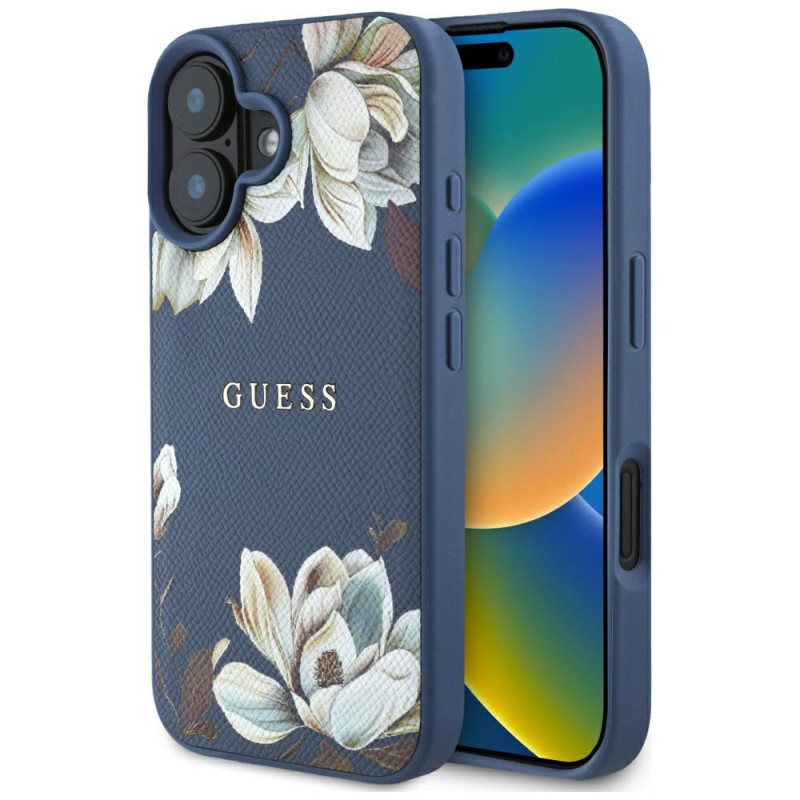 „Guess“ grūdėto rašto „MagSafe“ dėklas, skirtas „iPhone 16“, mėlynas