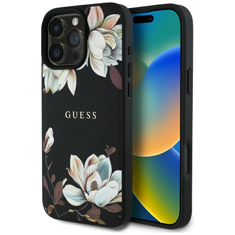 „Guess“ grūdėto rašto gėlių rašto „MagSafe“ dėklas, skirtas „iPhone 16 Pro Max“, juodas