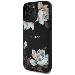 „Guess“ grūdėto rašto gėlių rašto „MagSafe“ dėklas, skirtas „iPhone 16 Pro Max“, juodas