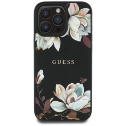 „Guess“ grūdėto rašto gėlių rašto „MagSafe“ dėklas, skirtas „iPhone 16 Pro Max“, juodas