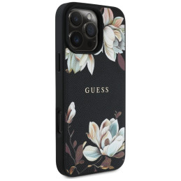 „Guess“ grūdėto rašto gėlių rašto „MagSafe“ dėklas, skirtas „iPhone 16 Pro Max“, juodas