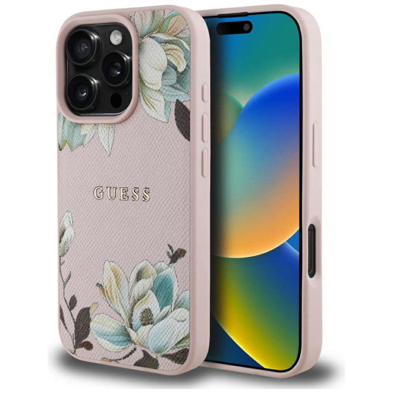 „Guess“ grūdėtu raštu margintas gėlių rašto „MagSafe“ dėklas, skirtas „iPhone 16 Pro Max“, rožinis