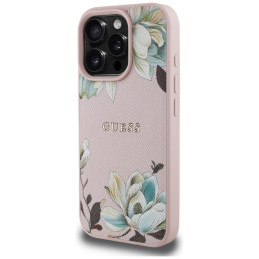 „Guess“ grūdėtu raštu margintas gėlių rašto „MagSafe“ dėklas, skirtas „iPhone 16 Pro Max“, rožinis