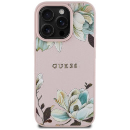 „Guess“ grūdėtu raštu margintas gėlių rašto „MagSafe“ dėklas, skirtas „iPhone 16 Pro Max“, rožinis
