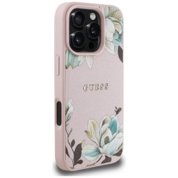 „Guess“ grūdėtu raštu margintas gėlių rašto „MagSafe“ dėklas, skirtas „iPhone 16 Pro Max“, rožinis