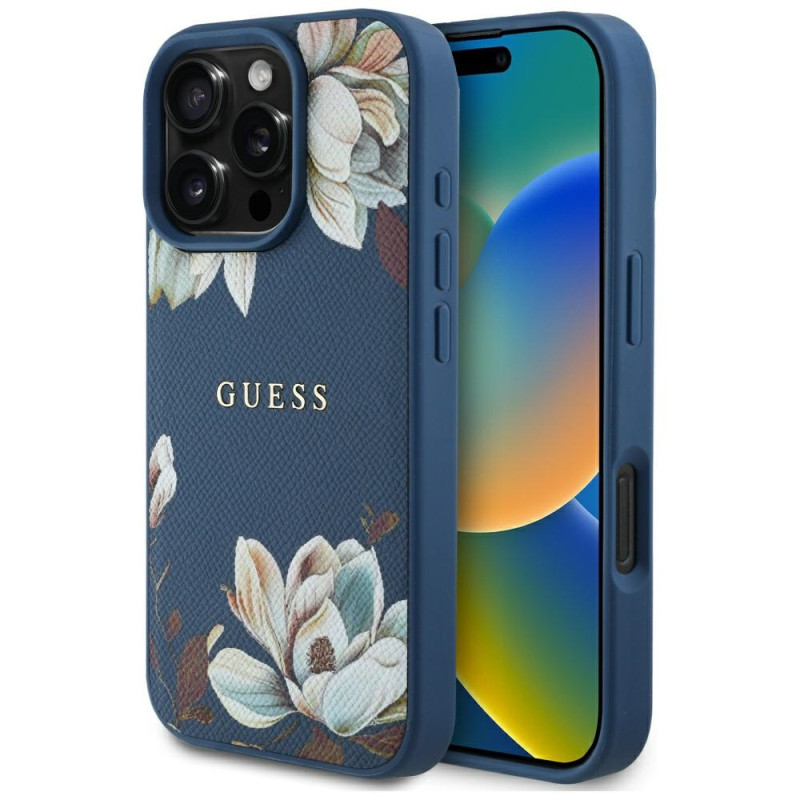 „Guess“ grūdėto rašto „MagSafe“ dėklas, skirtas „iPhone 16 Pro“, mėlynas