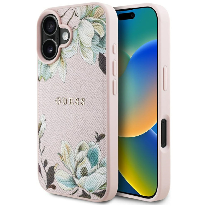 „Guess“ grūdėtu raštu margintas gėlių rašto „MagSafe iPhone 16“ dėklas, rožinis