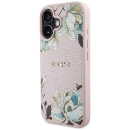 „Guess“ grūdėtu raštu margintas gėlių rašto „MagSafe iPhone 16“ dėklas, rožinis