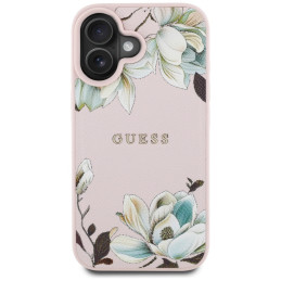 „Guess“ grūdėtu raštu margintas gėlių rašto „MagSafe iPhone 16“ dėklas, rožinis