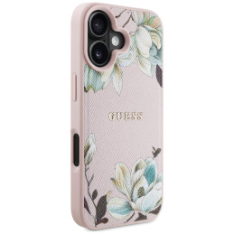 „Guess“ grūdėtu raštu margintas gėlių rašto „MagSafe iPhone 16“ dėklas, rožinis