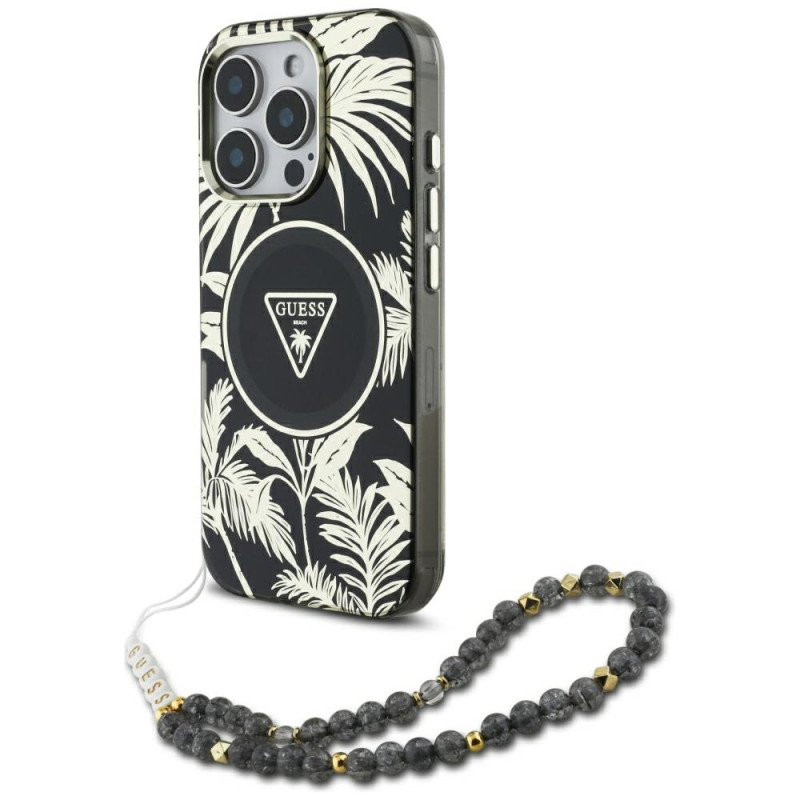 „Guess“ „Palm Trees Triangle Pearl Strap“ „MagSafe“ dėklas, skirtas „iPhone 16 Pro“, juodas